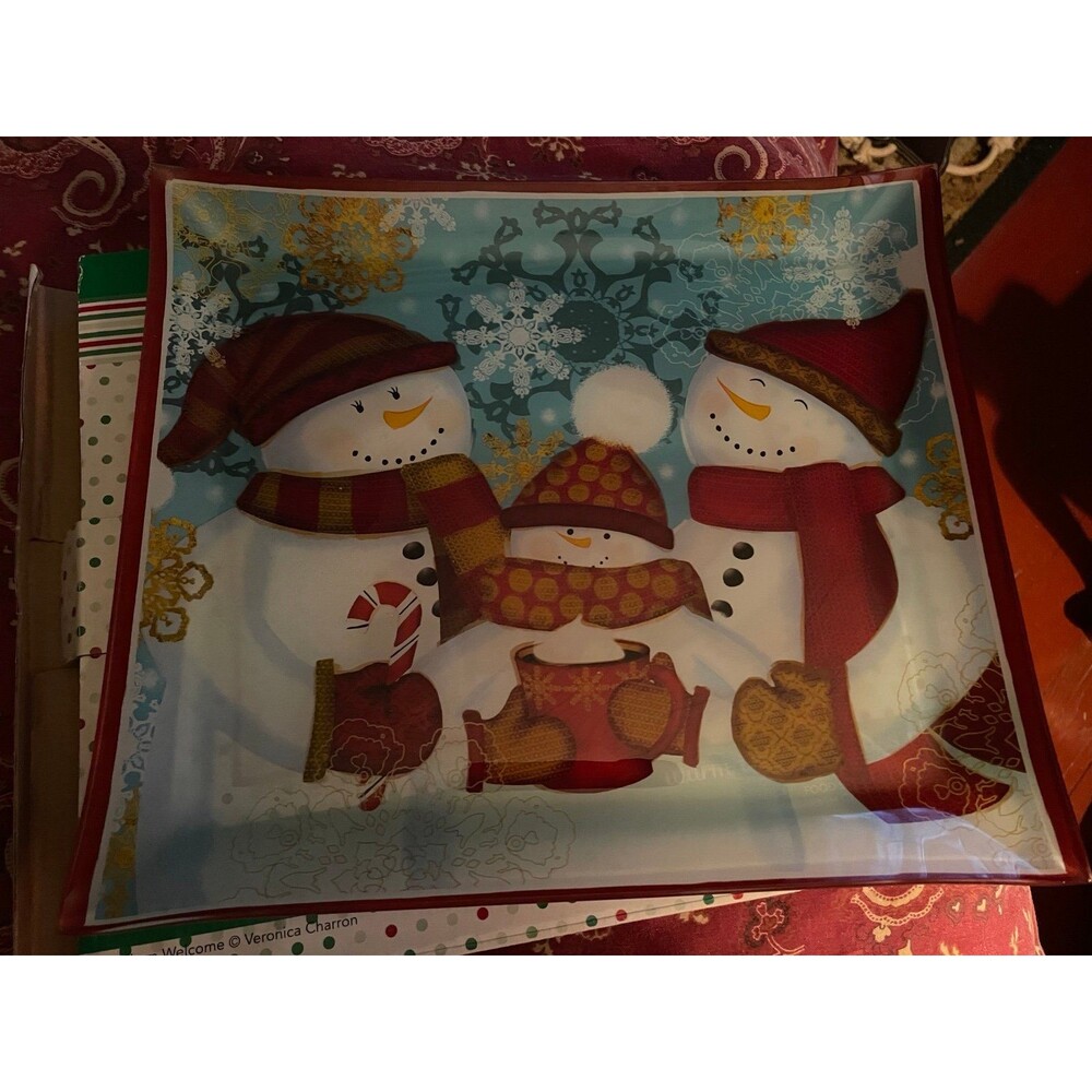 Pfaltzgraff Glass Platter Snowman Winter Christmas 12 inch square WARM WELCOME